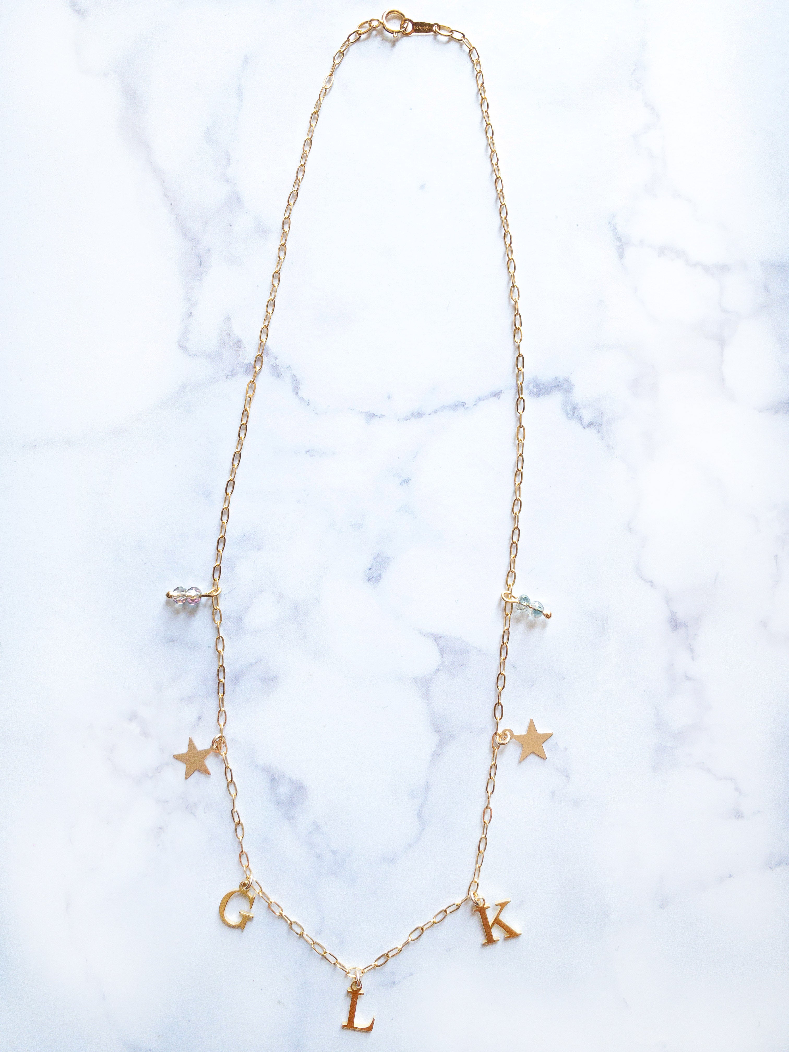 Personalised Gold Charm Necklace with Stars and Beads
