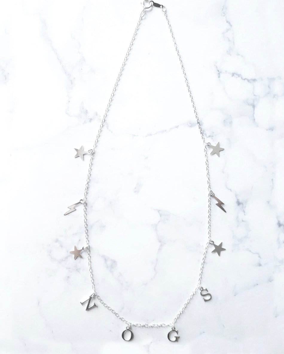 Personalised Layered Silver Star and Bolt Charm Necklace